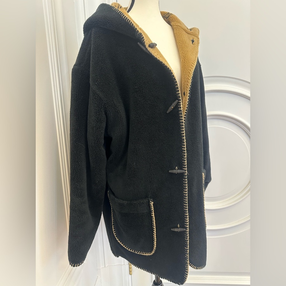 Vintage 1980s Cozy Fuzzy Reversible Brown Black Denali Polar Fleece Coat (Large) - Picture 9 of 13